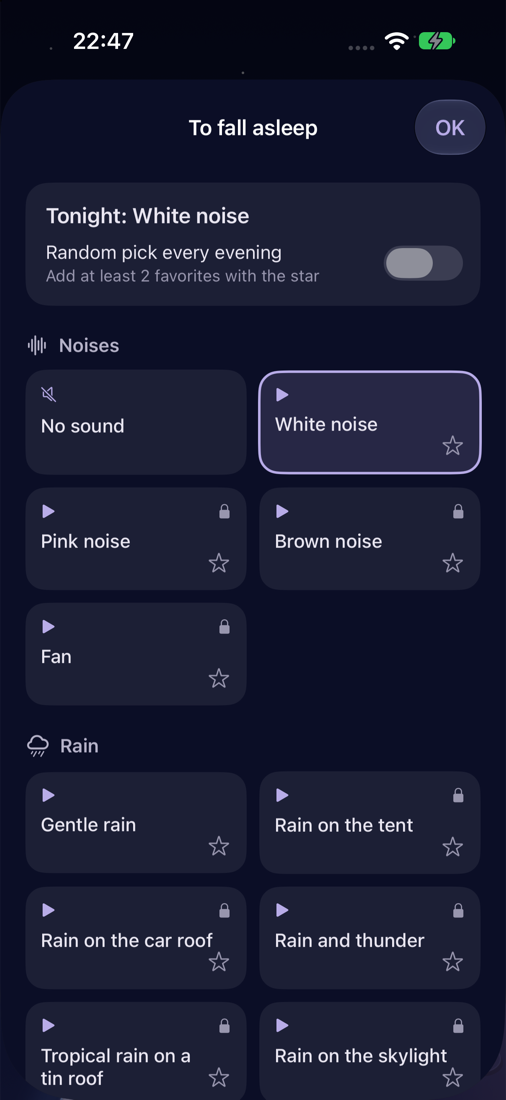 Choosing a sound to fall asleep